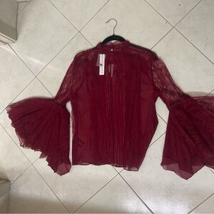 Alice + Olivia Deep Red Lace Bell Sleeve Blouse